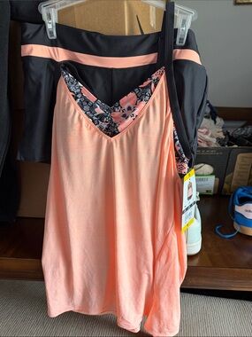 Peach Floral-Trim Slip Dress with Black Accents